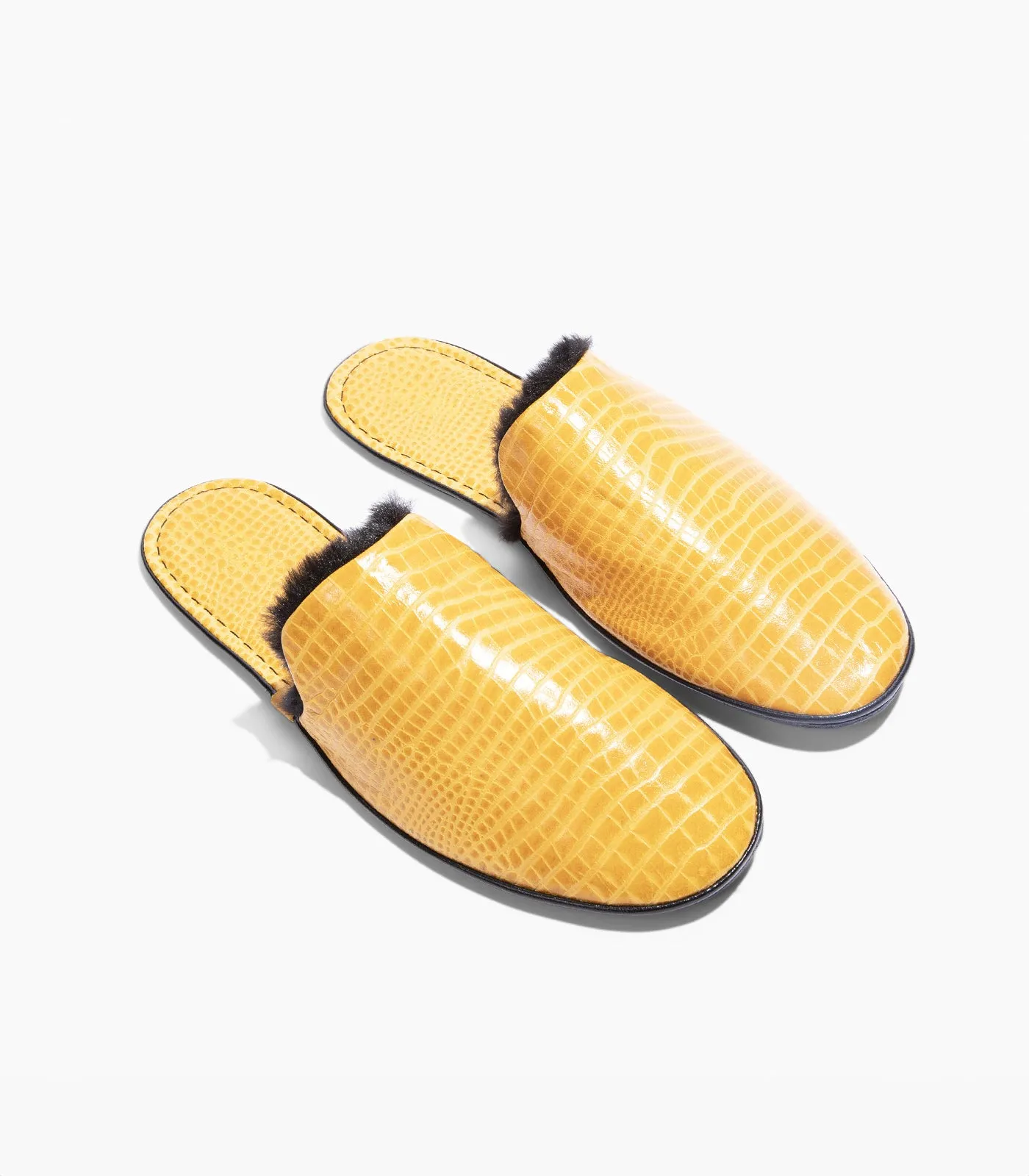 Women’s Crocodile Embossed Leather Foldable Slippers with Eco-Fur