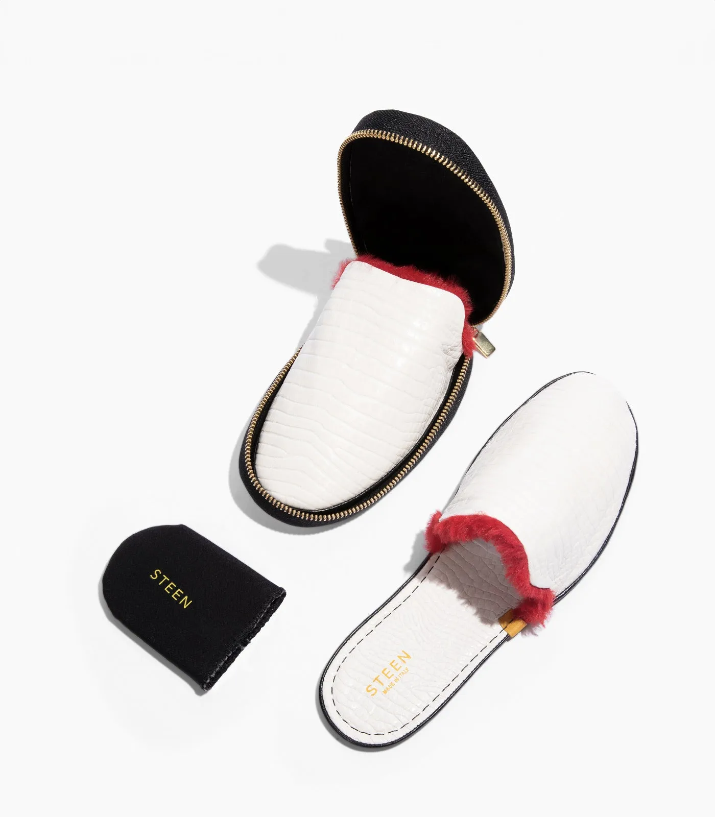 Women’s Crocodile Embossed Leather Foldable Slippers with Eco-Fur