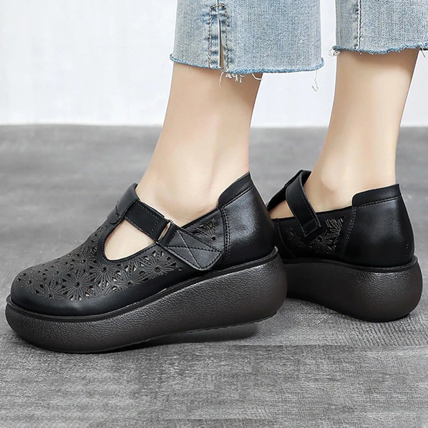 Women's Genuine Leather Hollow Wedge Platform Slip on Rocking Shoes Retro Comfortable Breathable Non-Slip Round Toe Hook Loop Soft Sole Nurse Mom Loafers for Walking Party