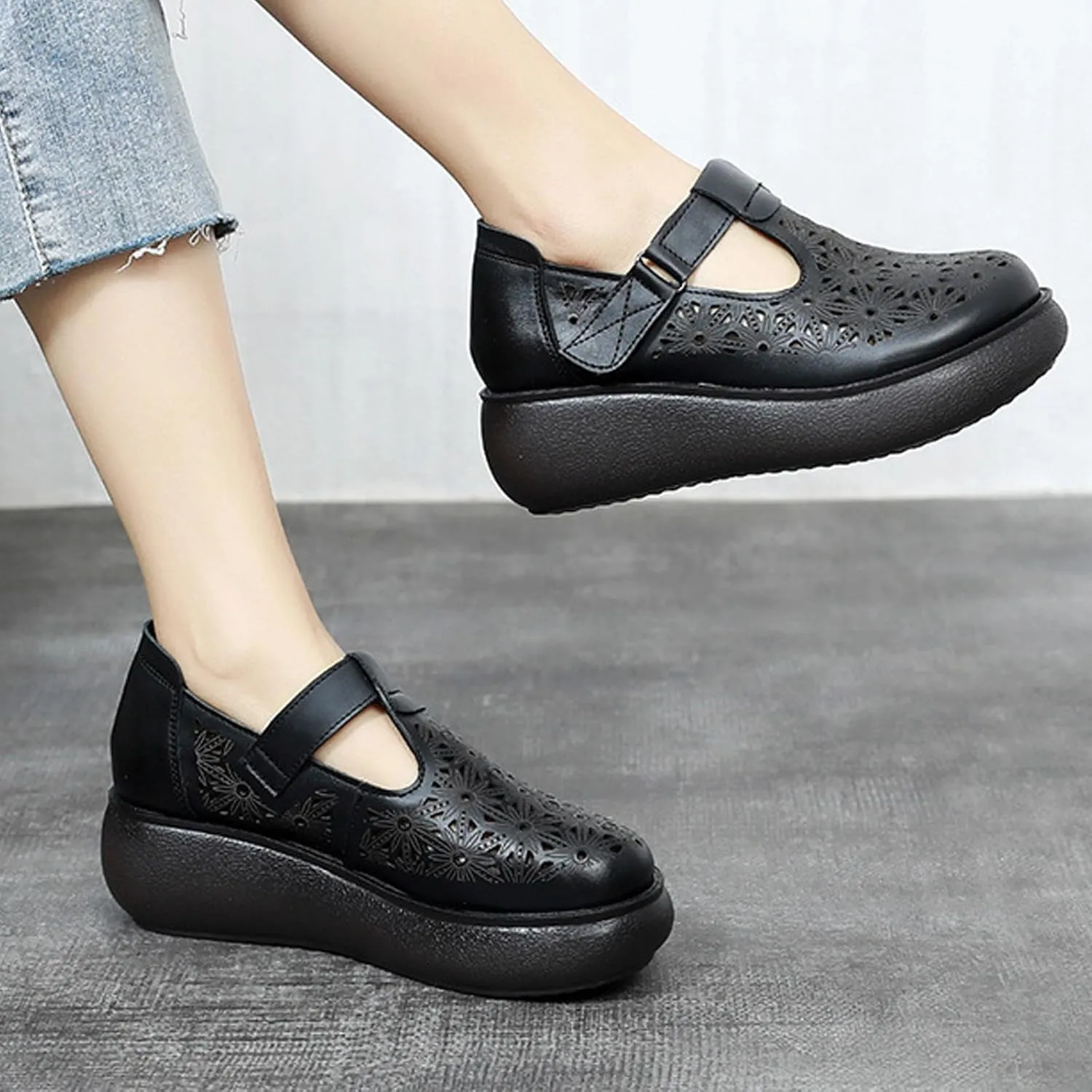 Women's Genuine Leather Hollow Wedge Platform Slip on Rocking Shoes Retro Comfortable Breathable Non-Slip Round Toe Hook Loop Soft Sole Nurse Mom Loafers for Walking Party