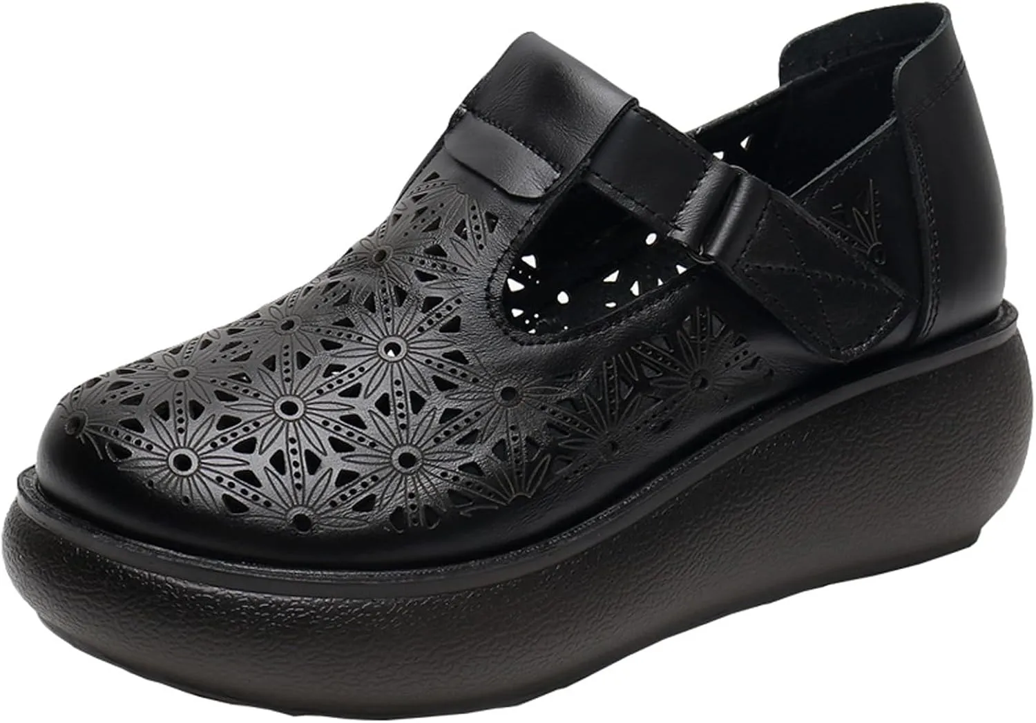 Women's Genuine Leather Hollow Wedge Platform Slip on Rocking Shoes Retro Comfortable Breathable Non-Slip Round Toe Hook Loop Soft Sole Nurse Mom Loafers for Walking Party