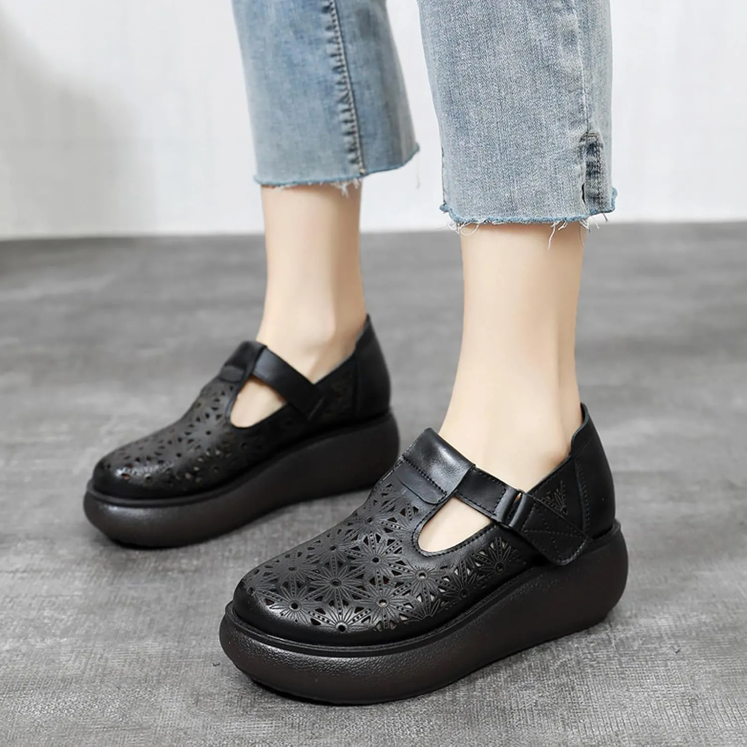 Women's Genuine Leather Hollow Wedge Platform Slip on Rocking Shoes Retro Comfortable Breathable Non-Slip Round Toe Hook Loop Soft Sole Nurse Mom Loafers for Walking Party