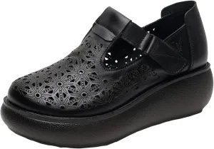 Women's Genuine Leather Hollow Wedge Platform Slip on Rocking Shoes Retro Comfortable Breathable Non-Slip Round Toe Hook Loop Soft Sole Nurse Mom Loafers for Walking Party