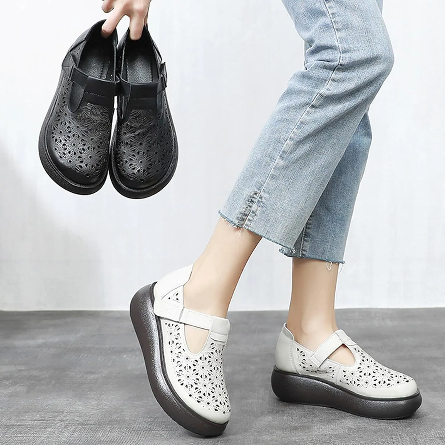 Women's Genuine Leather Hollow Wedge Platform Slip on Rocking Shoes Retro Comfortable Breathable Non-Slip Round Toe Hook Loop Soft Sole Nurse Mom Loafers for Walking Party