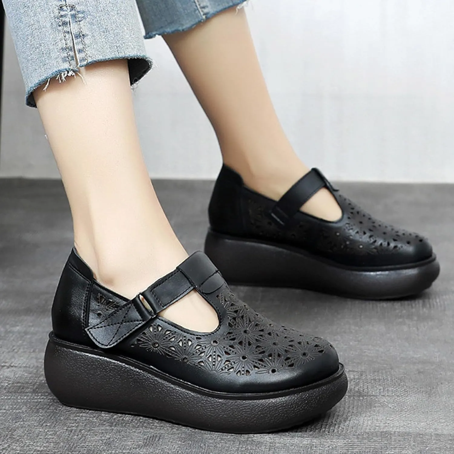 Women's Genuine Leather Hollow Wedge Platform Slip on Rocking Shoes Retro Comfortable Breathable Non-Slip Round Toe Hook Loop Soft Sole Nurse Mom Loafers for Walking Party