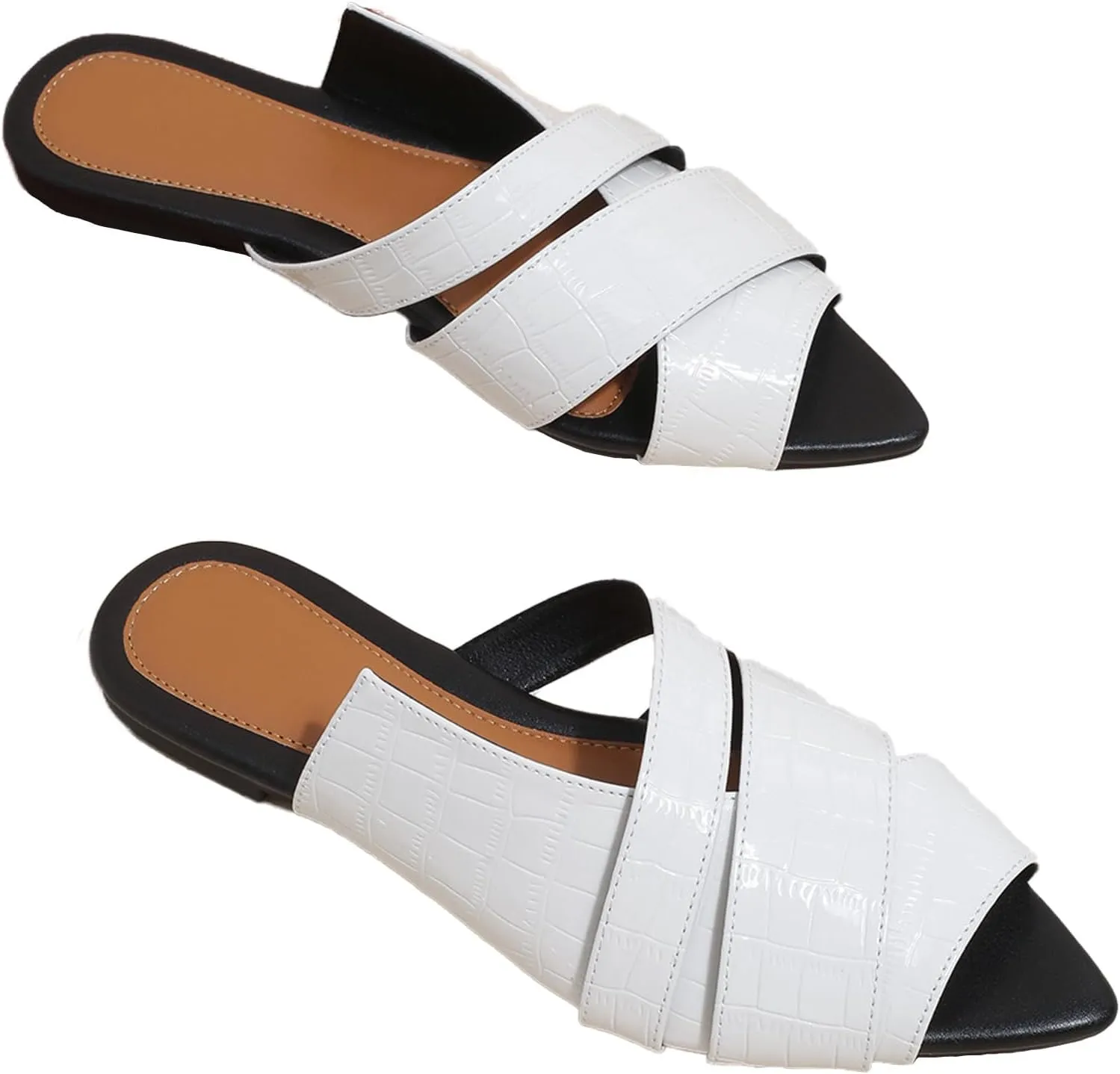 Women's Leather Fashion Flat Slides Sandals Comfort Summer Slip On Pointed Open Toe Slingback Casual Sandals for Outdoor Party Walking Beach