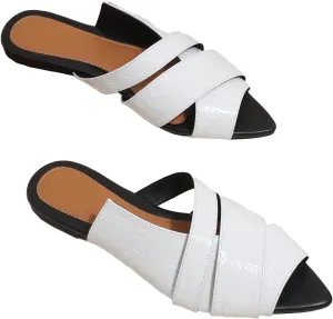 Women's Leather Fashion Flat Slides Sandals Comfort Summer Slip On Pointed Open Toe Slingback Casual Sandals for Outdoor Party Walking Beach