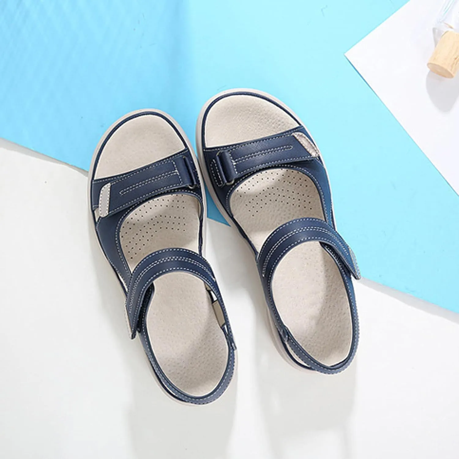 Women's Leather Platform Casual Orthopedic Sandals Fashion Comfortable Hook Loop Non Slip Outdoor Wedge Walking Sandals for Mam Work Outdoor