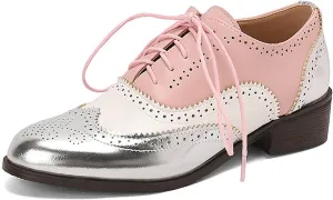 Women's Leather Wingtip Lace Up Brogue Oxfords Comfort Breathable Pointed Toe Low Top Chunky Heels Shoes Vintage Business Work Derby Dress Shoes