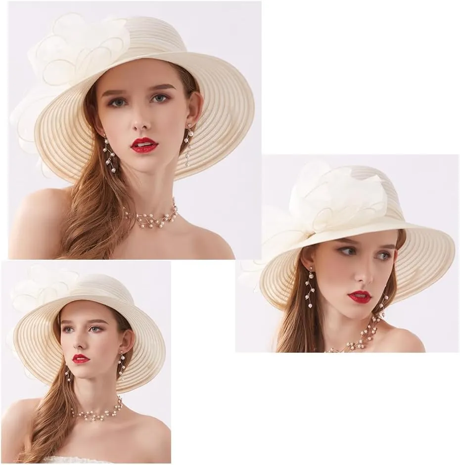 Womens Organza Church Derby Hats Elegant Bowknot Wedding Kentucky Hats Wide Brim Sun Hat for Tea Party (22.44")