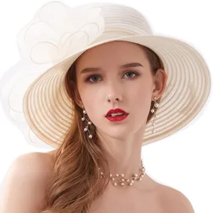 Womens Organza Church Derby Hats Elegant Bowknot Wedding Kentucky Hats Wide Brim Sun Hat for Tea Party (22.44")
