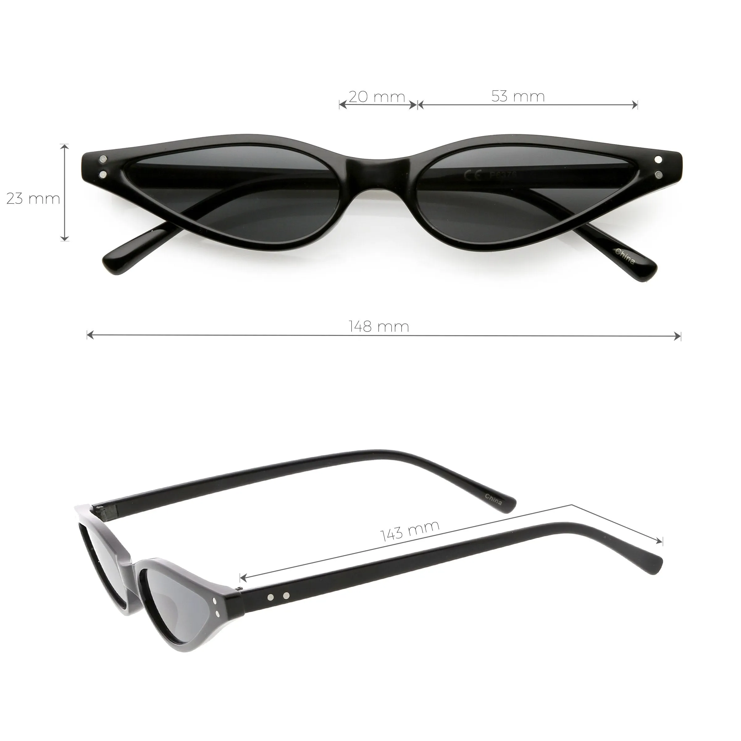 Women's Retro 1990's Thin Cat Eye Dual Rivet Sunglasses C624