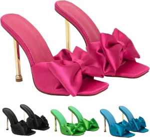 Women's Satin Bow-Knot Sexy Stiletto Dress Sandals Fashion Comfortable Square Open Toe Slip On Super High Heel Party Slides Sandals for Prom Wedding Date