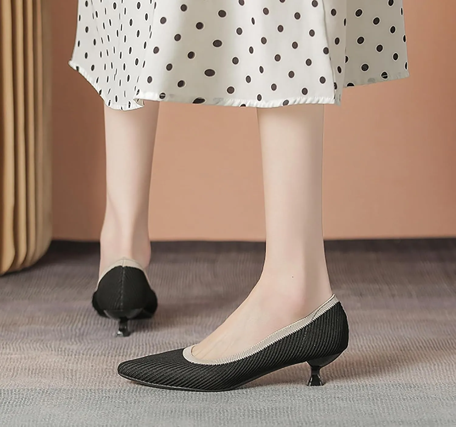 Women'S Slip On Kitten Heel Formal Dress Shoes,Pointed Toe Knitted Foldable Comfortable Work Office Pumps