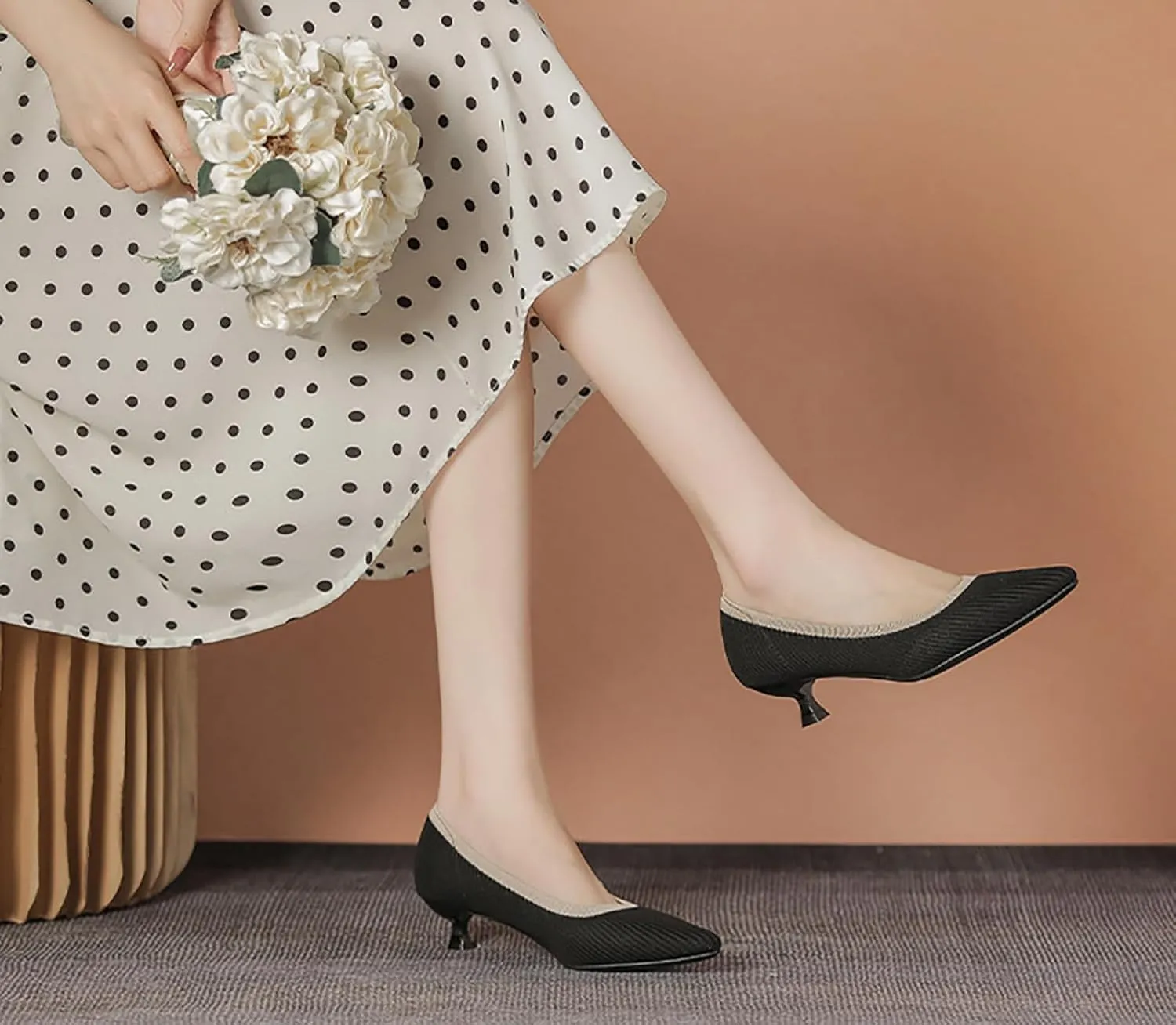 Women'S Slip On Kitten Heel Formal Dress Shoes,Pointed Toe Knitted Foldable Comfortable Work Office Pumps