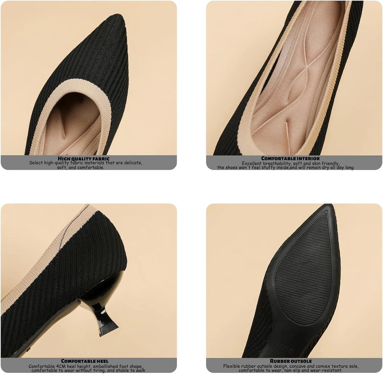 Women'S Slip On Kitten Heel Formal Dress Shoes,Pointed Toe Knitted Foldable Comfortable Work Office Pumps