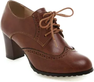 Women's Vintage Lace up Oxford Heels, Block Chunky Heeled Oxford Shoes, Dress Brogues Oxford Pumps