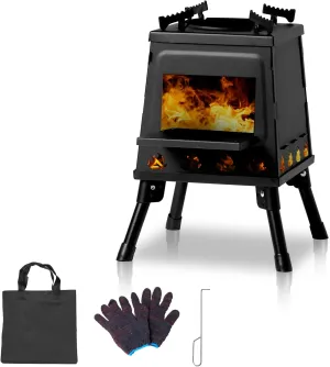 Wood Burning Camp Stove, Portable Cast Iron Camping Wood Stove, Black Woodstove with Carrying Case for Backpacking Outdoor Cooking, Small