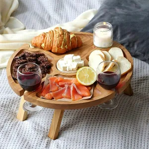 Wooden Folding Picnic Table, Portable Mini Outdoor Travel Picnic Table Beach Table with Wine Glass Holder