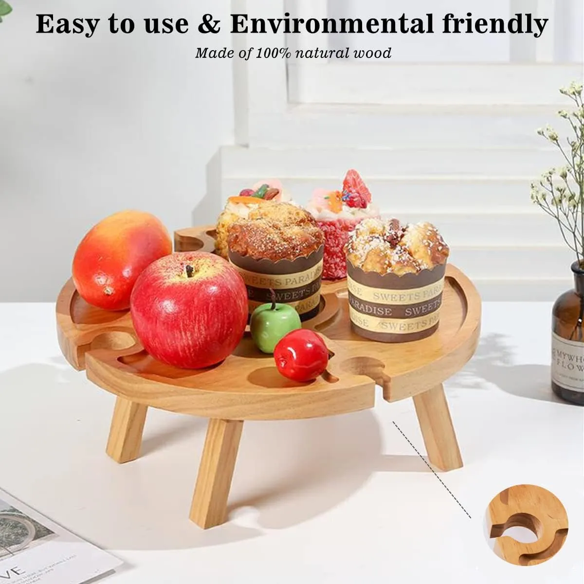 Wooden Folding Picnic Table, Portable Mini Outdoor Travel Picnic Table Beach Table with Wine Glass Holder