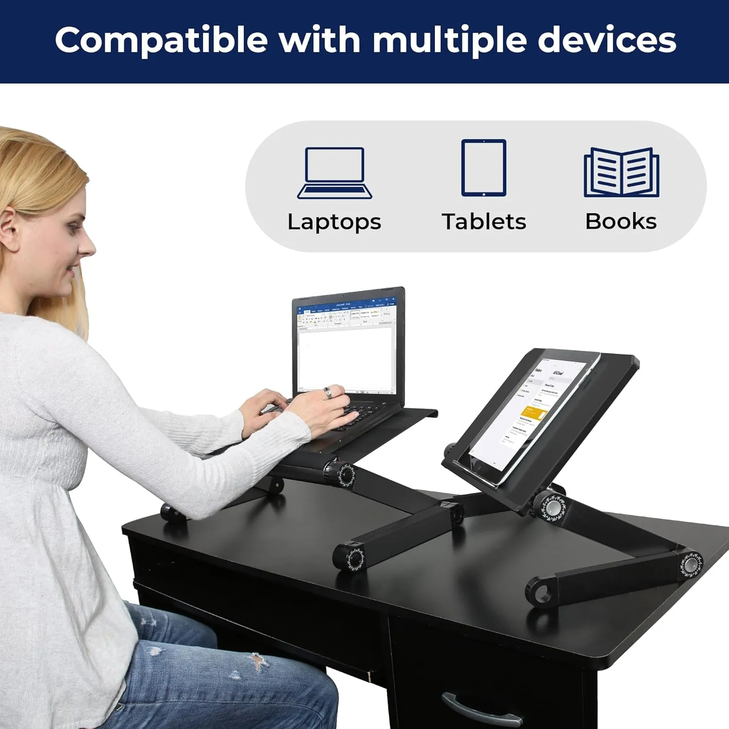 WorkEZ Light Adjustable Height Laptop Stand for Desk, Ergonomic Laptop Holder, Foldable Computer Stand, Cooling Computer Holder Notebook Riser for Desk, Black