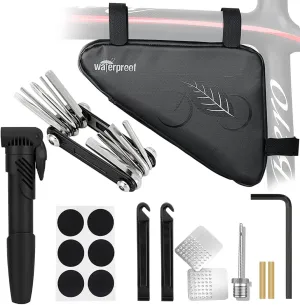 WOTOW Bike Tire Repair Tool Kit, Waterproof Frame Storage Bag & Mini Bike Pump & 11 in 1 Multitool & Bicycle Tyre Lever Patch Portable Repair Tool Accessories Set for Road Mountain BMX Cycling