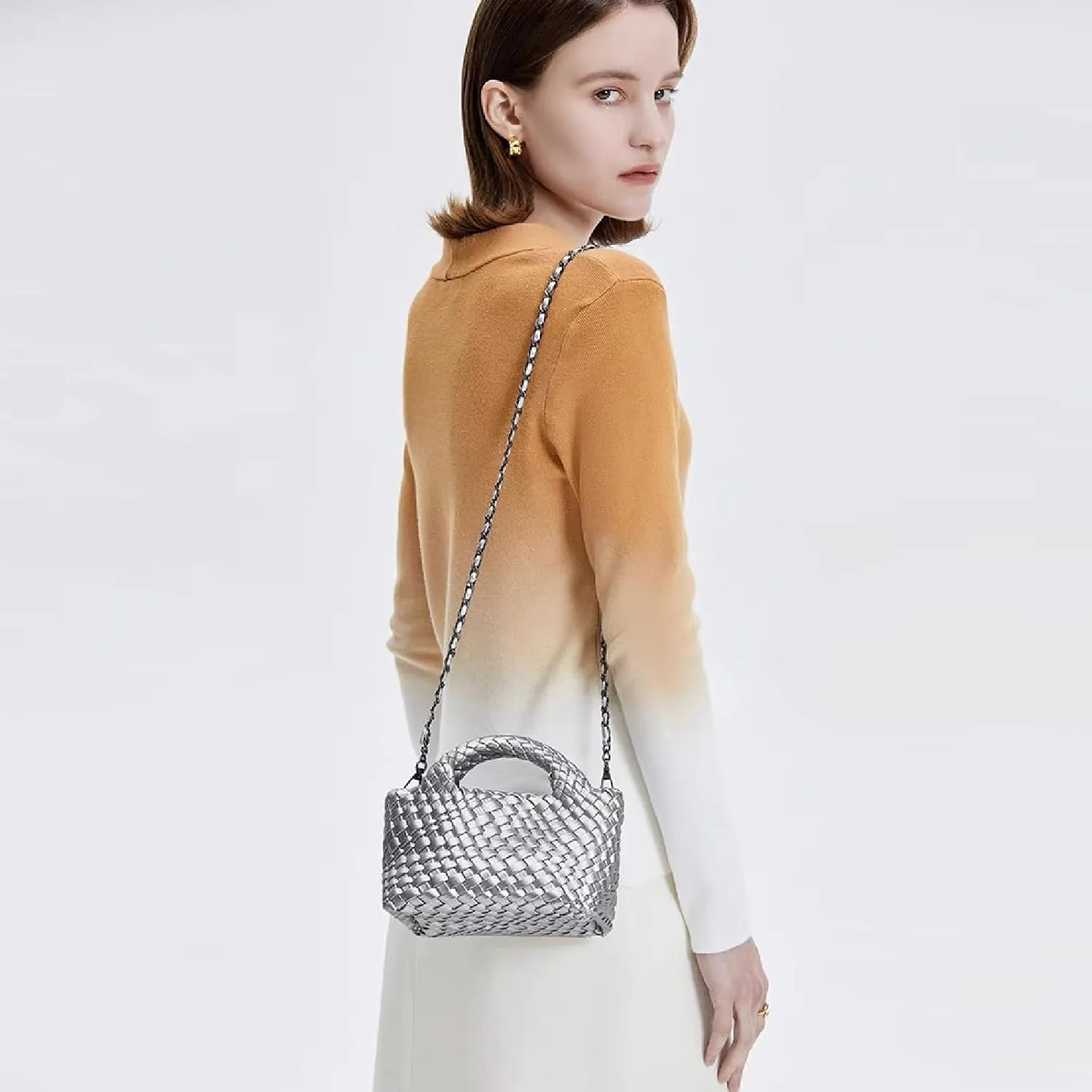 Woven Tote Bag for Women with Coin Purse, Foldable Chain Small Crossbody Handbags, Fashion Shoulder Bag, Hobo Satchel