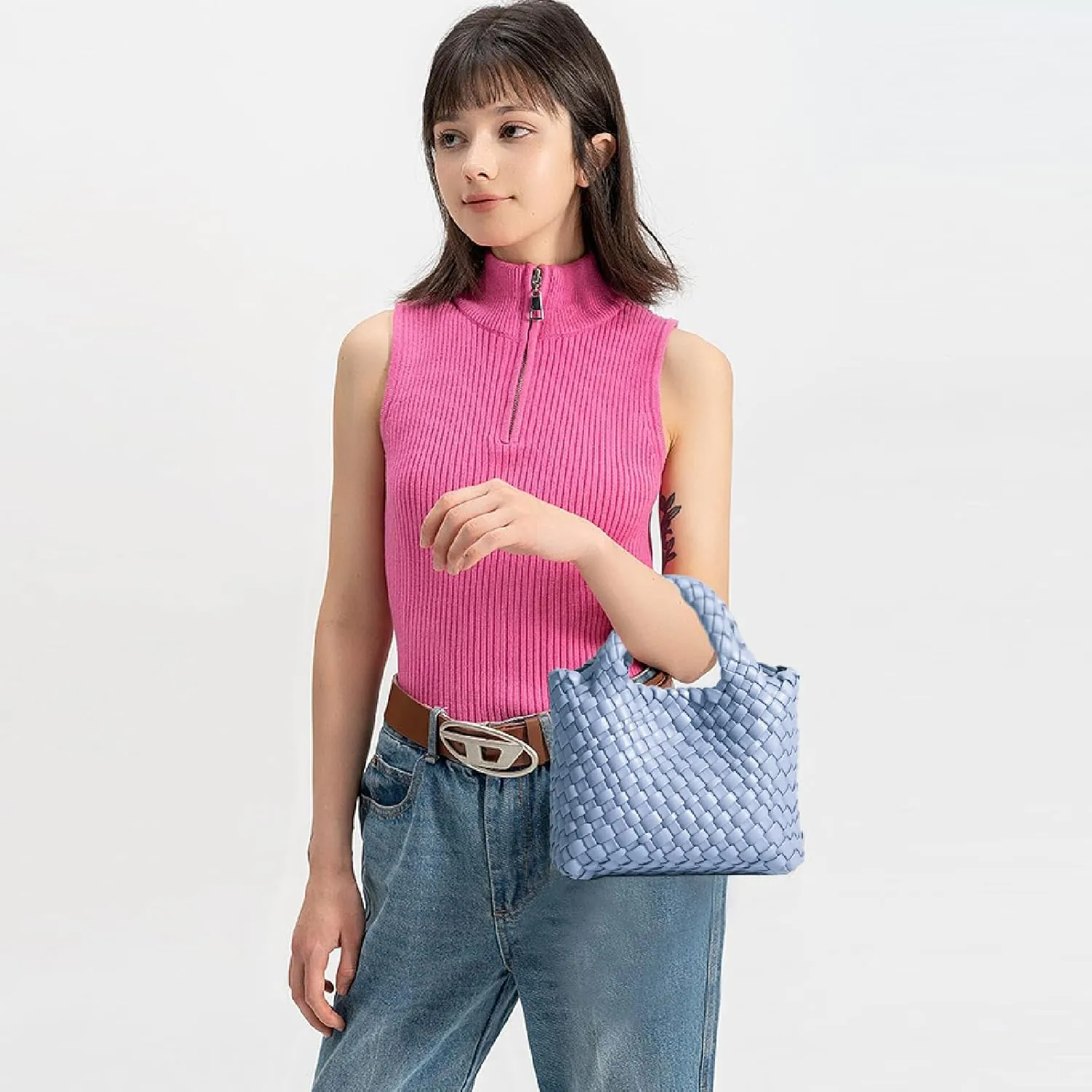 Woven Tote Bag for Women with Coin Purse, Foldable Chain Small Crossbody Handbags, Fashion Shoulder Bag, Hobo Satchel