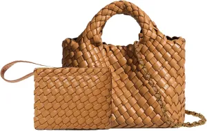 Woven Tote Bag for Women with Coin Purse, Foldable Chain Small Crossbody Handbags, Fashion Shoulder Bag, Hobo Satchel