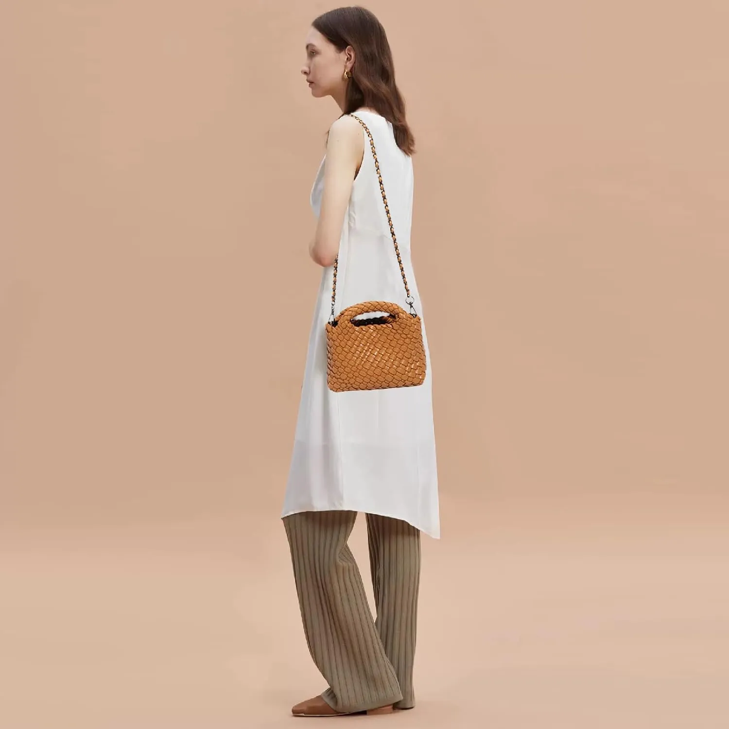 Woven Tote Bag for Women with Coin Purse, Foldable Chain Small Crossbody Handbags, Fashion Shoulder Bag, Hobo Satchel