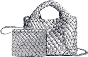 Woven Tote Bag for Women with Coin Purse, Foldable Chain Small Crossbody Handbags, Fashion Shoulder Bag, Hobo Satchel