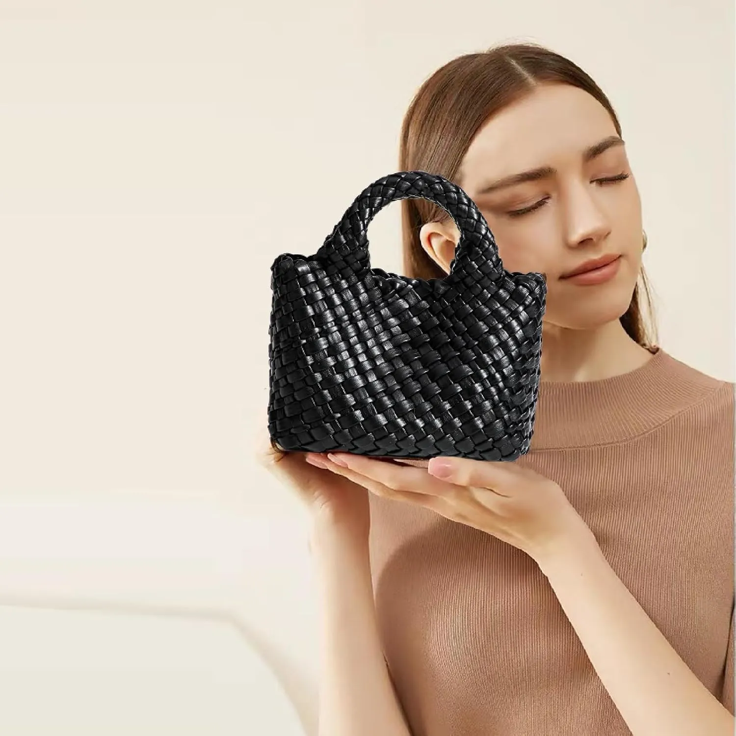 Woven Tote Bag for Women with Coin Purse, Foldable Chain Small Crossbody Handbags, Fashion Shoulder Bag, Hobo Satchel