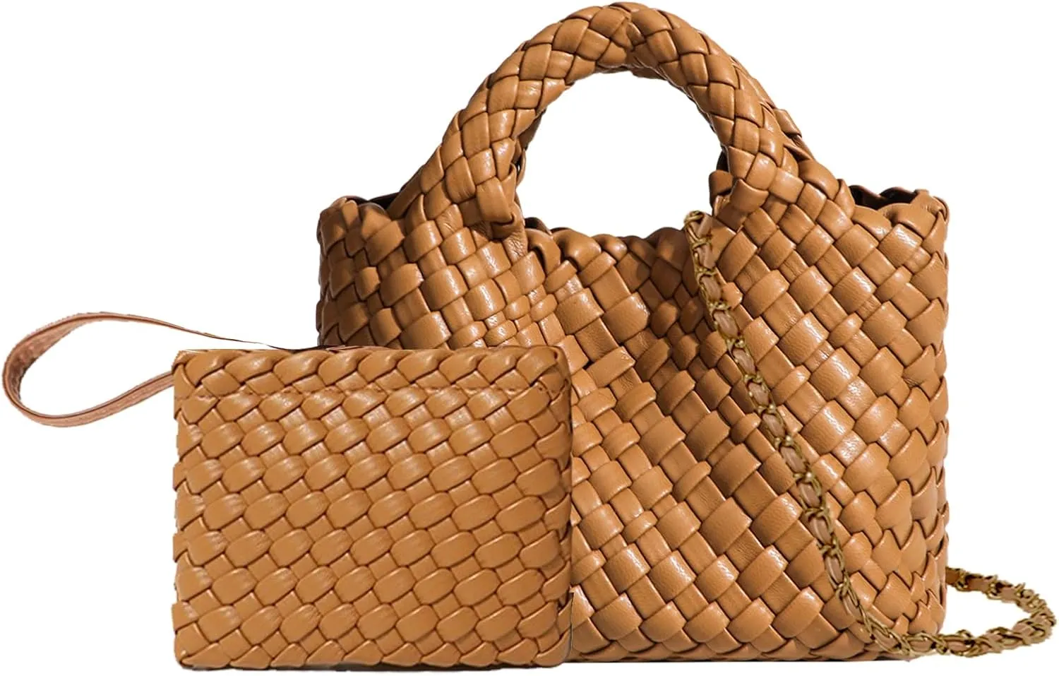 Woven Tote Bag for Women with Coin Purse, Foldable Chain Small Crossbody Handbags, Fashion Shoulder Bag, Hobo Satchel
