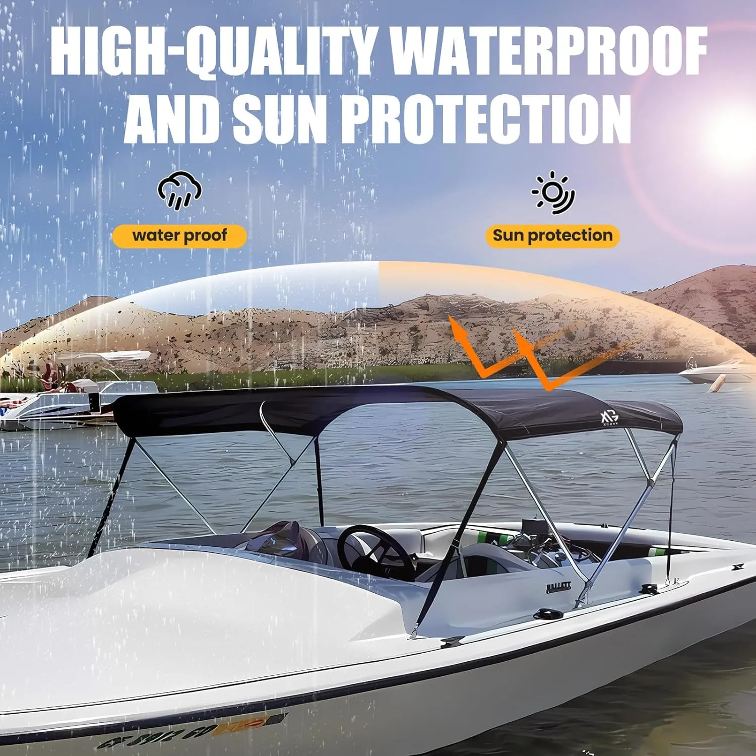 XGeek Bimini Top,3Bow/4Bow Bimini Tops for Boats,Jon Boat Canopy Ideal for Most Vessels with Rear Support Pole and Storage Boot