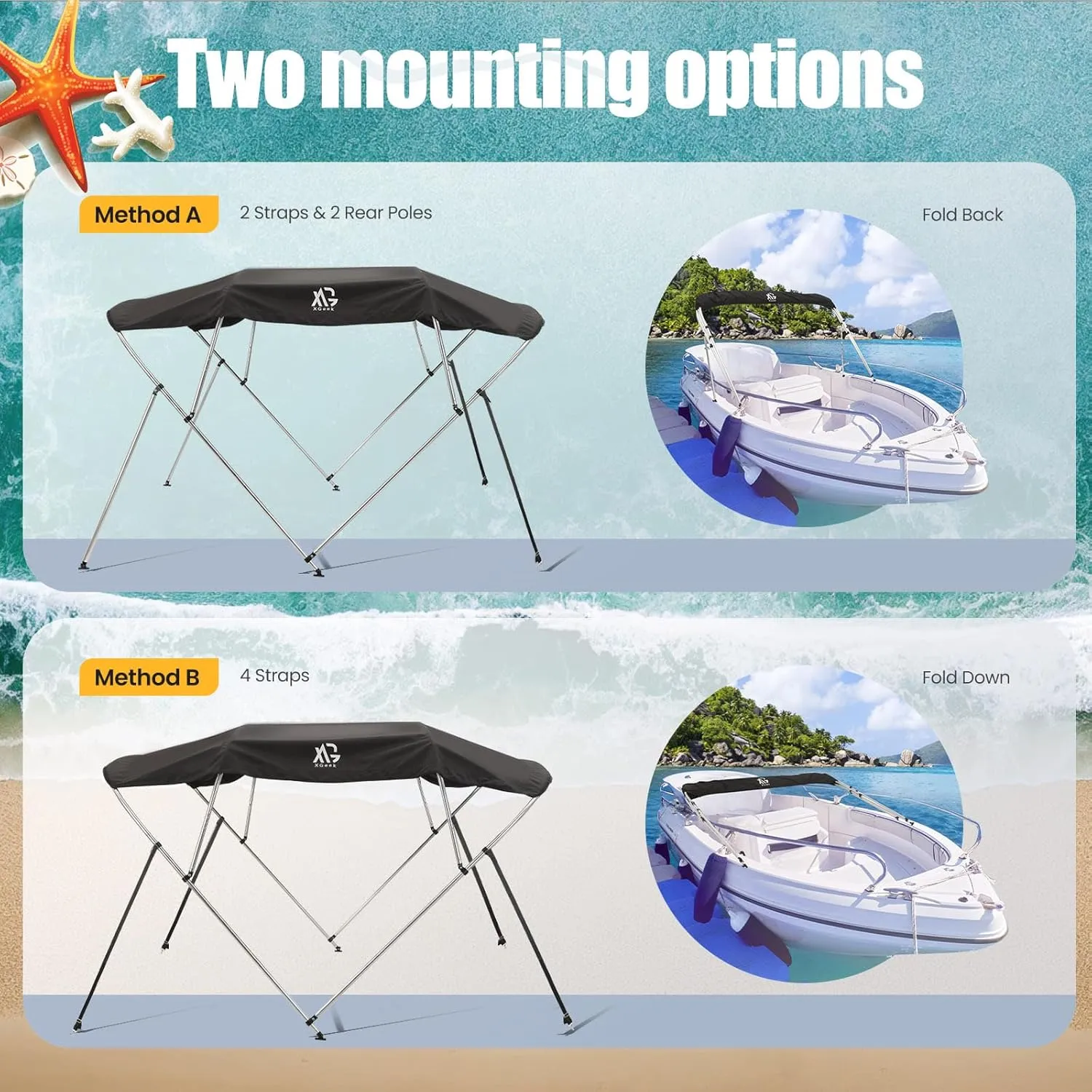 XGeek Bimini Top,3Bow/4Bow Bimini Tops for Boats,Jon Boat Canopy Ideal for Most Vessels with Rear Support Pole and Storage Boot