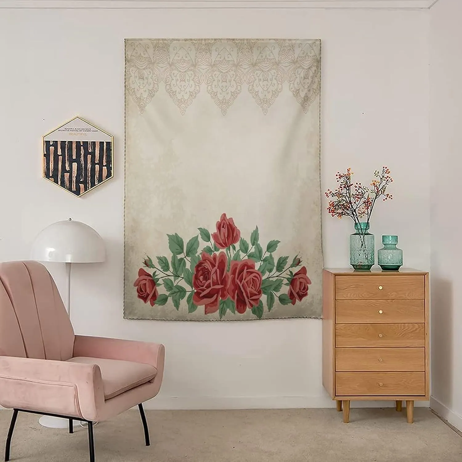 XISUNYA Adjustable Blackout Shades, Shabby Chic Portable Blackout Curtain, Vintage Glamour Background with Red Rose Love Print Living Room Bedroom Window Drapes,59W x84L Inches, for Bathroom Bedroom