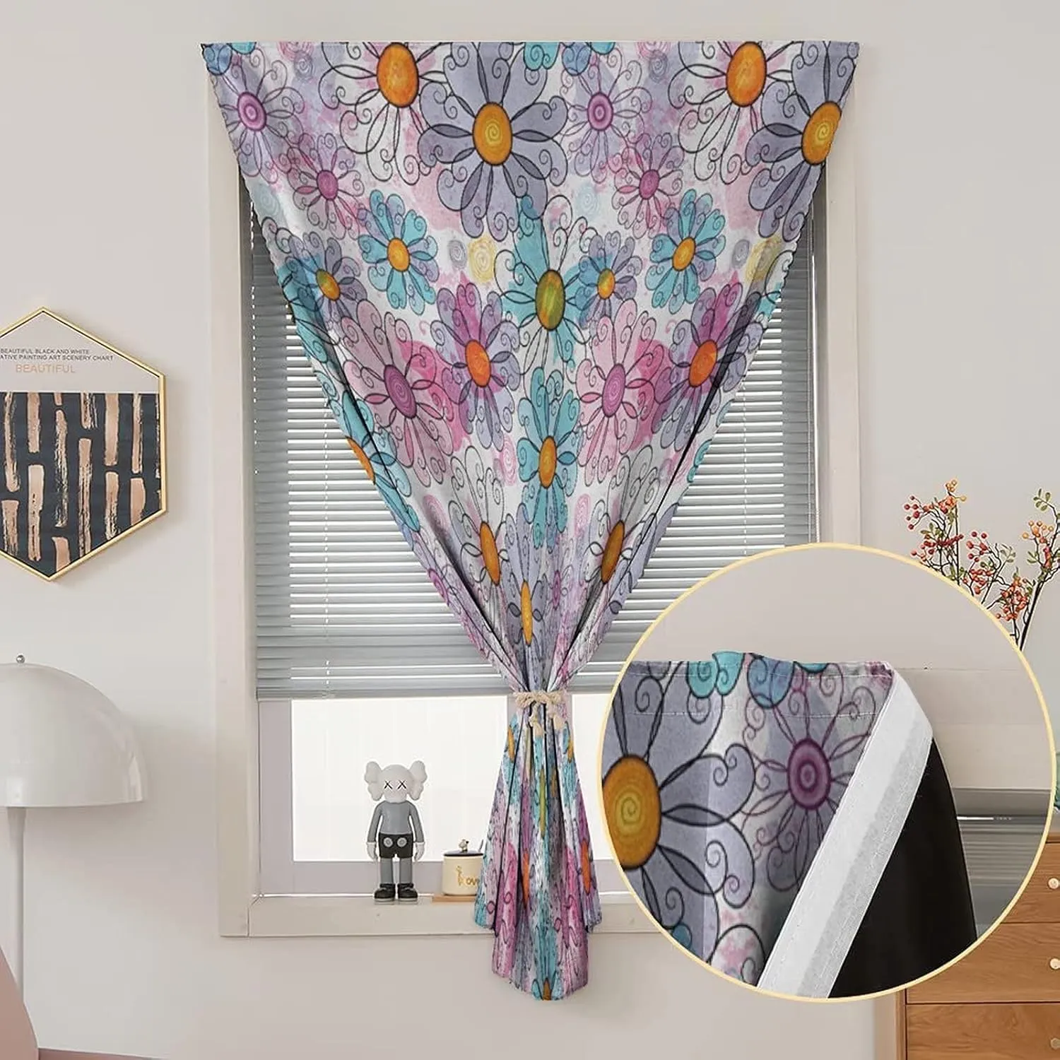 XISUNYA Autohesion Curtains, Flower Window Curtain Panel, Retro Spring Floral Funky Colorful Daisies Bohemian Print Thermal Lnsulated Room Darkening Small Drapes,47W x63L Inch, for Kitchen Bathroom
