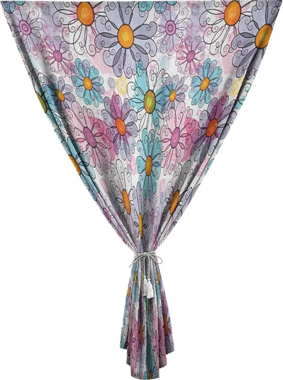 XISUNYA Autohesion Curtains, Flower Window Curtain Panel, Retro Spring Floral Funky Colorful Daisies Bohemian Print Thermal Lnsulated Room Darkening Small Drapes,47W x63L Inch, for Kitchen Bathroom