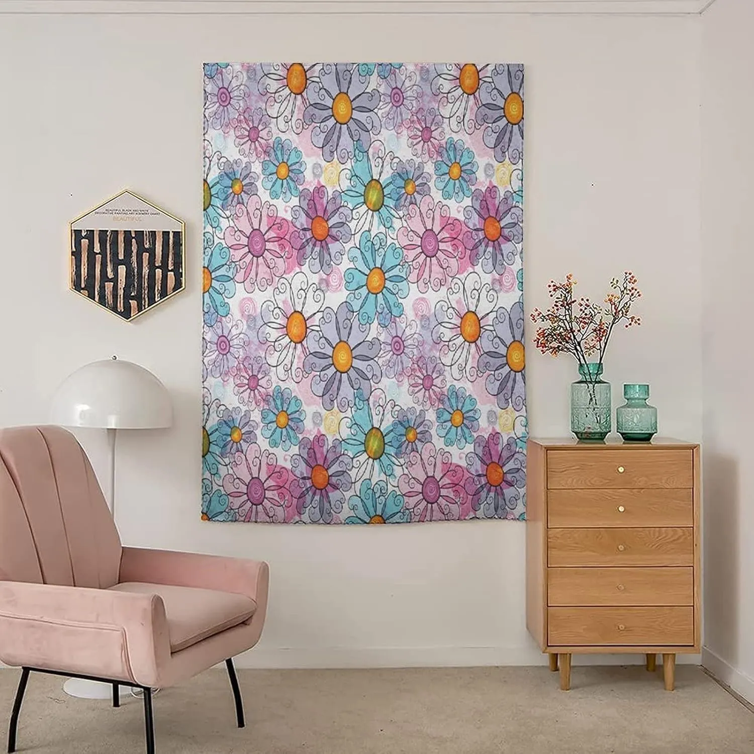 XISUNYA Autohesion Curtains, Flower Window Curtain Panel, Retro Spring Floral Funky Colorful Daisies Bohemian Print Thermal Lnsulated Room Darkening Small Drapes,47W x63L Inch, for Kitchen Bathroom