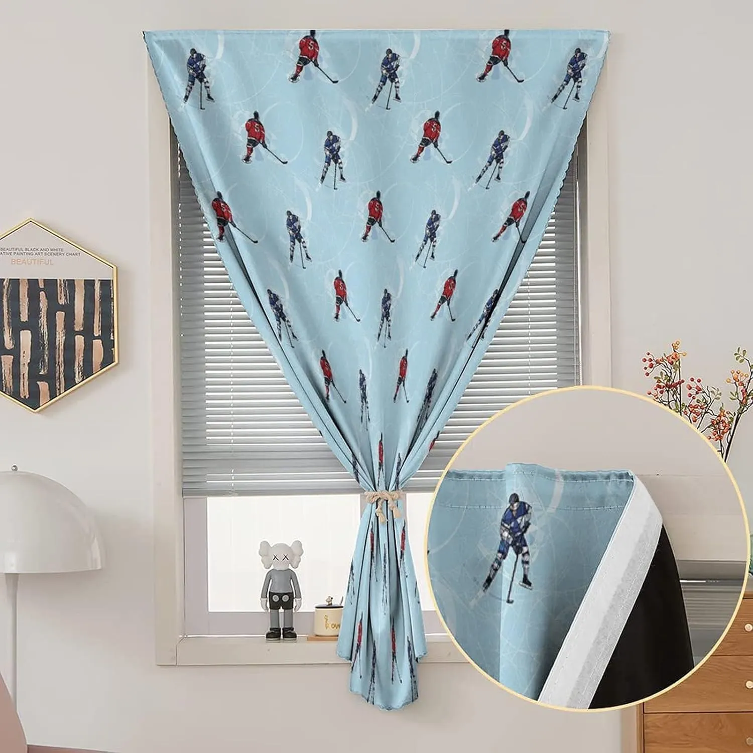 XISUNYA Self Adhesive Portable Blackout Curtains, Sport Room Darkening Curtains, Ice Hockey Players Winter Season Print Temporary Blackout Blinds,59W x72L Inches, for Bathroom Living Room Bedroom