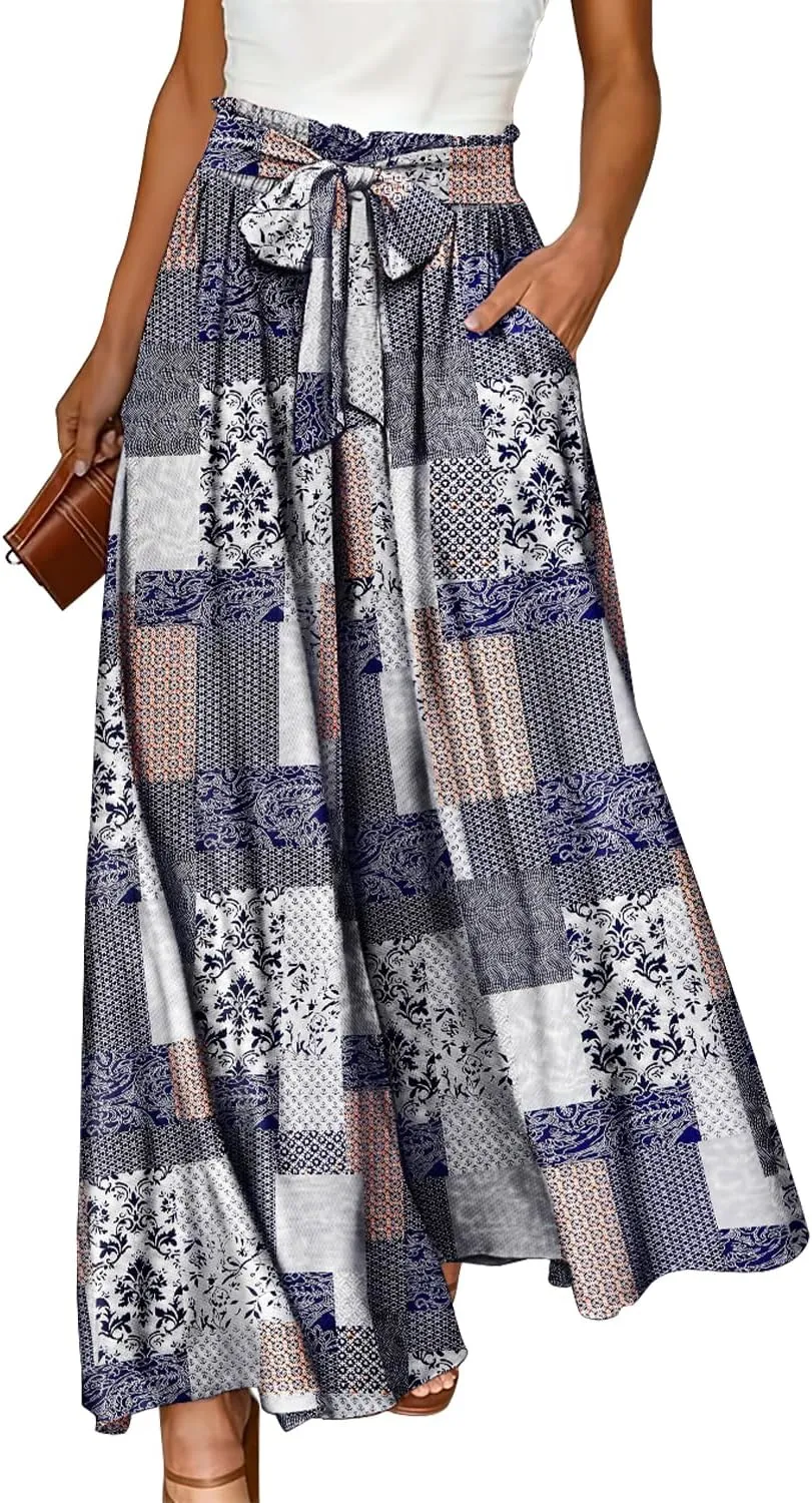 YESNO Women Wide Leg Pants High Waisted Floral Boho Palazzo Culottes Casual Flowy Tie Knot Trousers with Pockets PPS
