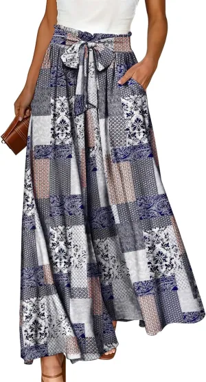 YESNO Women Wide Leg Pants High Waisted Floral Boho Palazzo Culottes Casual Flowy Tie Knot Trousers with Pockets PPS