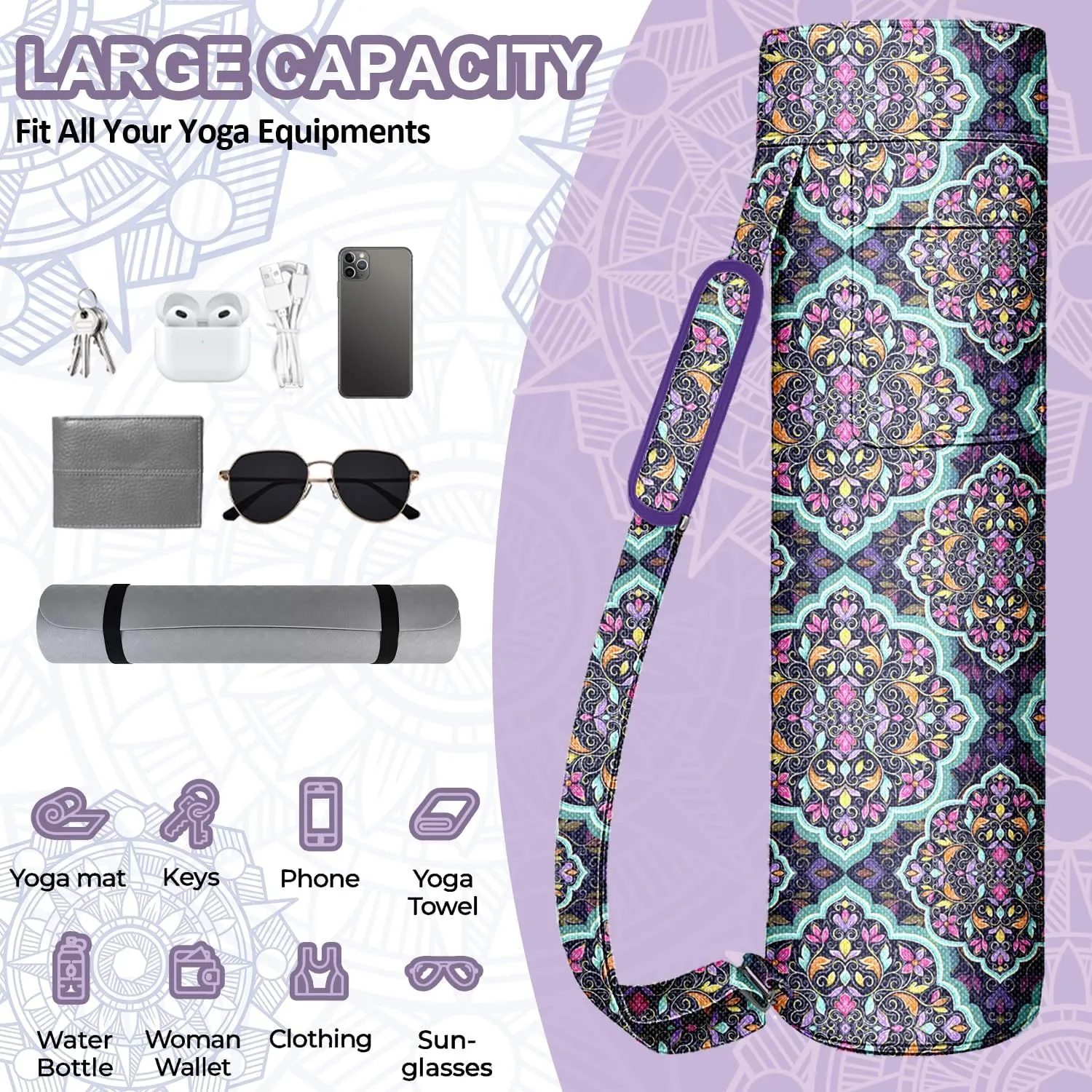 Yoga Mat Bag, Yoga Mat Carrier Full-Zip Exercise Yoga Mat Carry Bag 2 Multi-Functional Storage Cargo Pockets, Adjustable Shoulder Strap and Handle,Fits Most Mats