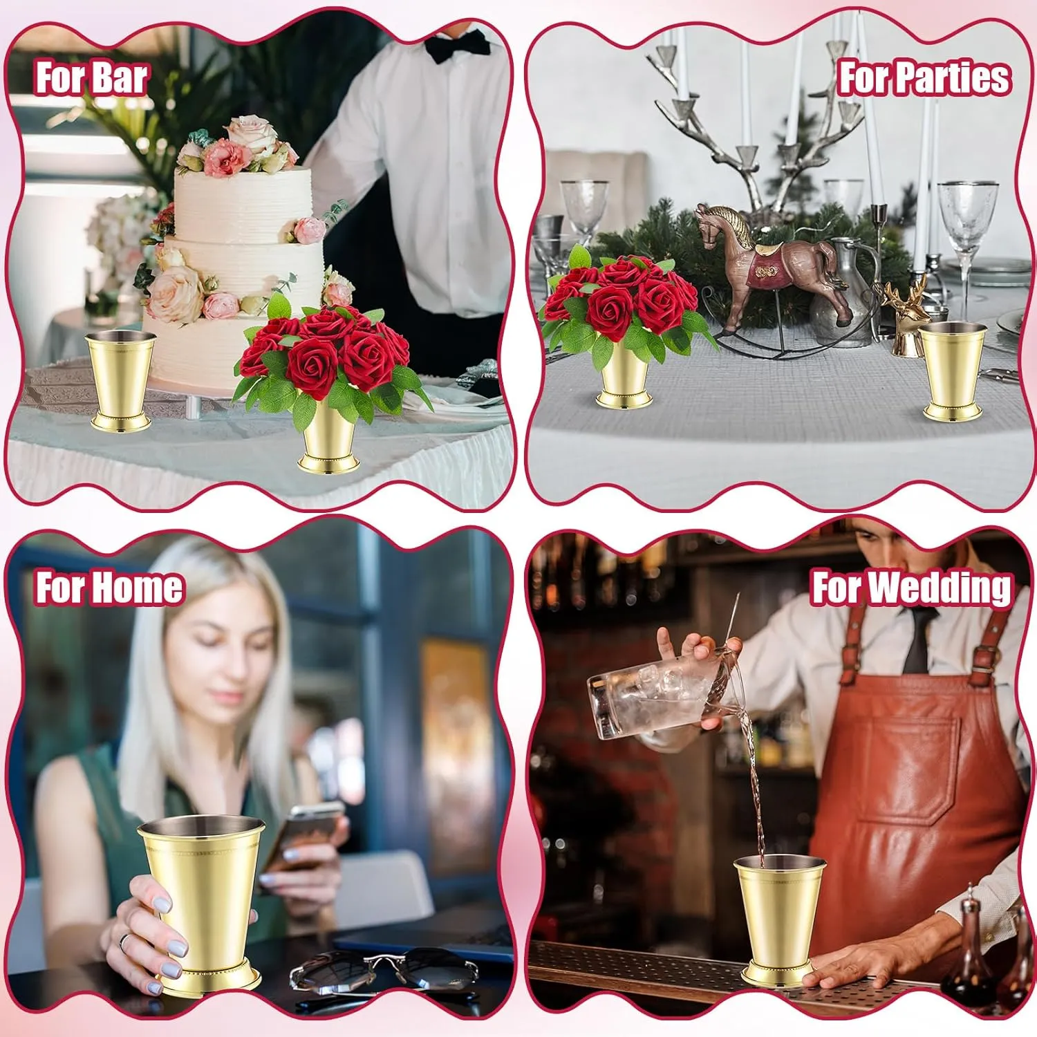 Zhehao 13 Pcs Mint Julep Cups with Artificial Roses 12oz Stainless Steel Cocktail Glasses Beaded Trim Border Derby Cups for Table Centerpiece Horse Racing Derby Party Decoration (Gold)