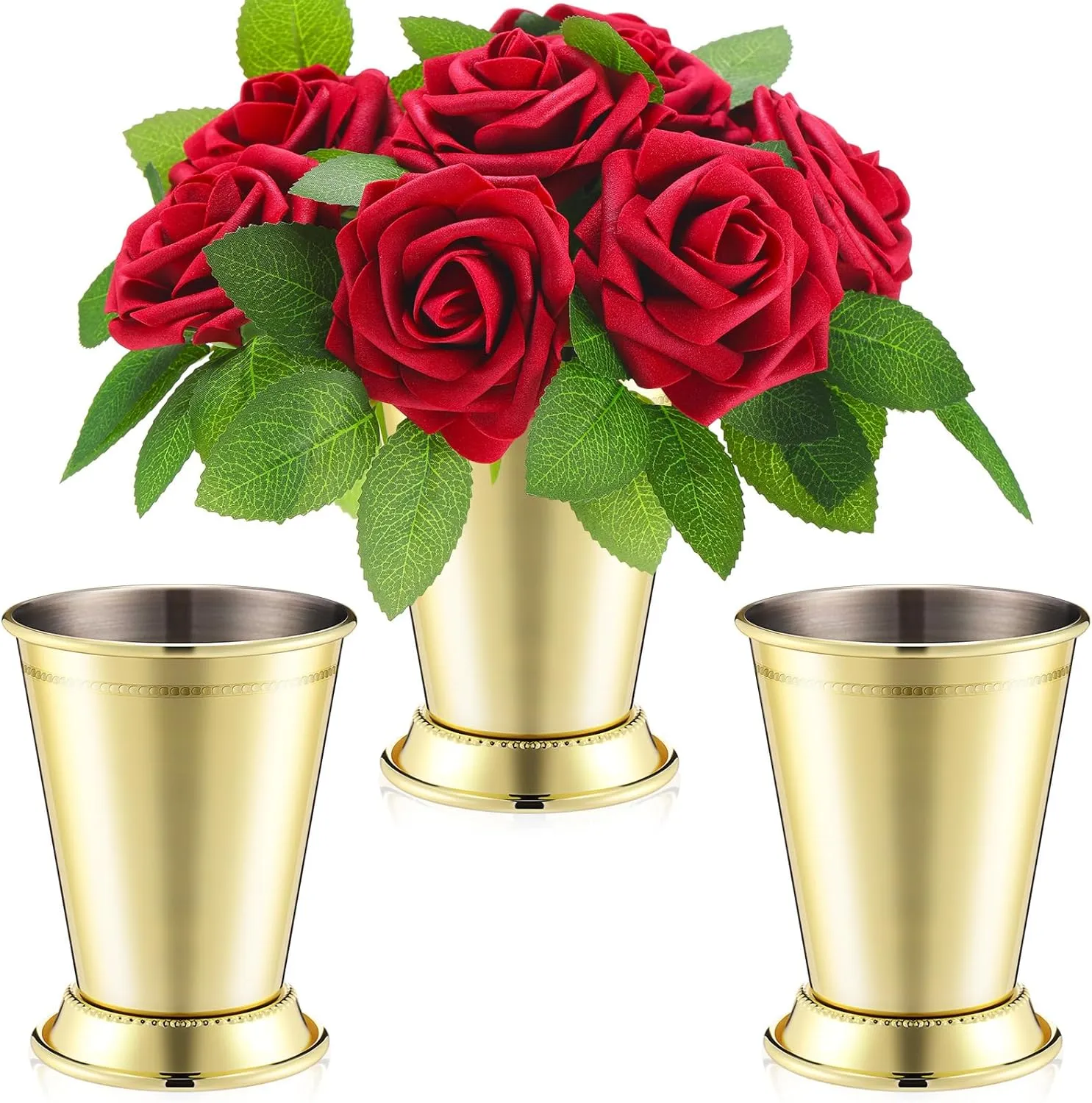 Zhehao 13 Pcs Mint Julep Cups with Artificial Roses 12oz Stainless Steel Cocktail Glasses Beaded Trim Border Derby Cups for Table Centerpiece Horse Racing Derby Party Decoration (Gold)