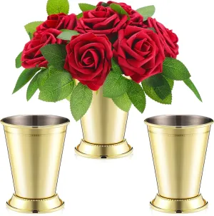 Zhehao 13 Pcs Mint Julep Cups with Artificial Roses 12oz Stainless Steel Cocktail Glasses Beaded Trim Border Derby Cups for Table Centerpiece Horse Racing Derby Party Decoration (Gold)