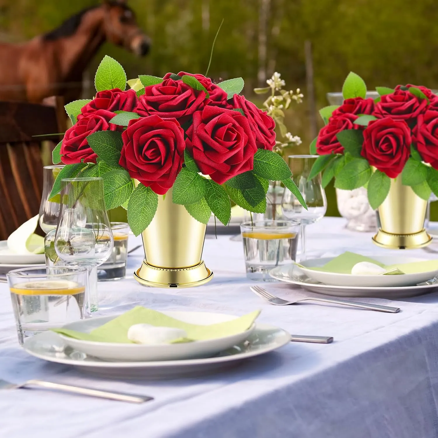 Zhehao 13 Pcs Mint Julep Cups with Artificial Roses 12oz Stainless Steel Cocktail Glasses Beaded Trim Border Derby Cups for Table Centerpiece Horse Racing Derby Party Decoration (Gold)
