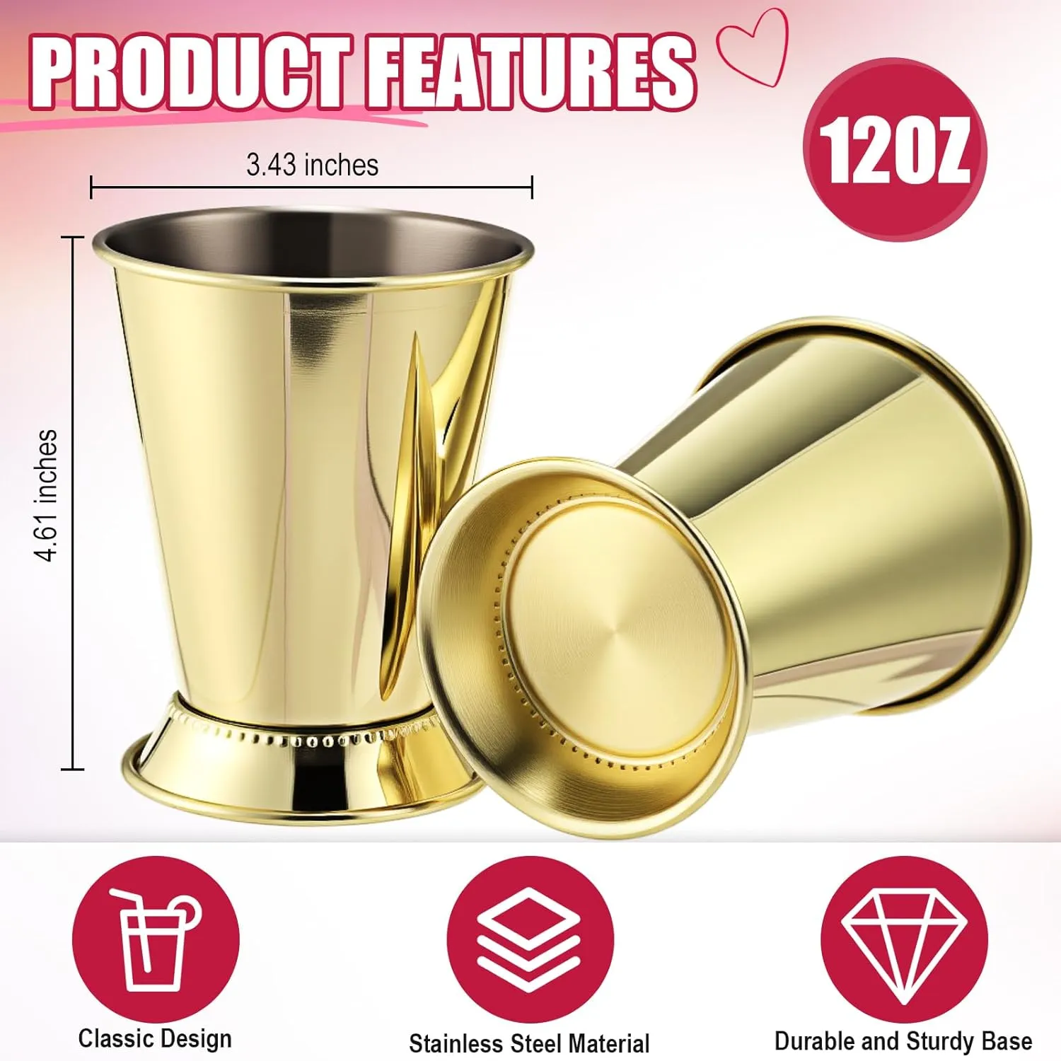 Zhehao 13 Pcs Mint Julep Cups with Artificial Roses 12oz Stainless Steel Cocktail Glasses Beaded Trim Border Derby Cups for Table Centerpiece Horse Racing Derby Party Decoration (Gold)